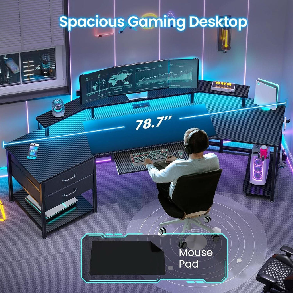 79 Inch Gaming Desk With LED Lights And Storage