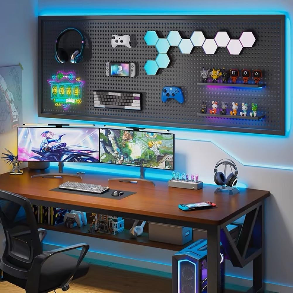 RGB Gaming Pegboard Wall Organizer with Metal Panels and Hooks, 12x24 Setup