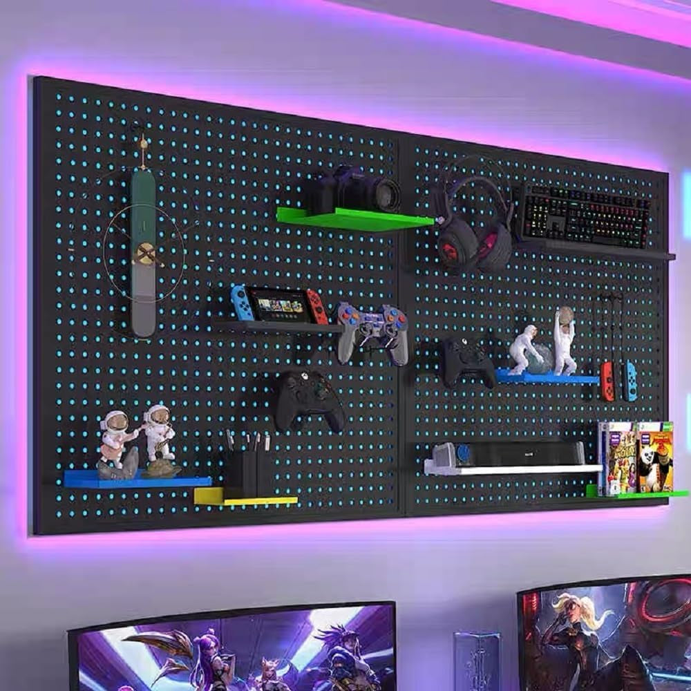 RGB Gaming Pegboard Wall Organizer with Metal Panels and Hooks, 12x24 Setup