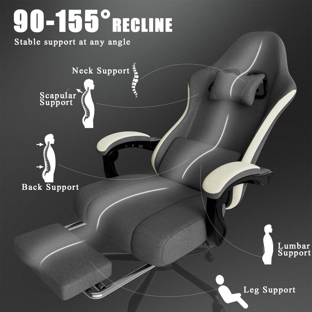 Ergonomic Gaming Chair with Pocketed Spring Cushion, Breathable Fabric Computer Chair with Footrest, Adjustable Lumbar Support Video Game Chair for Adults (Fabric)
