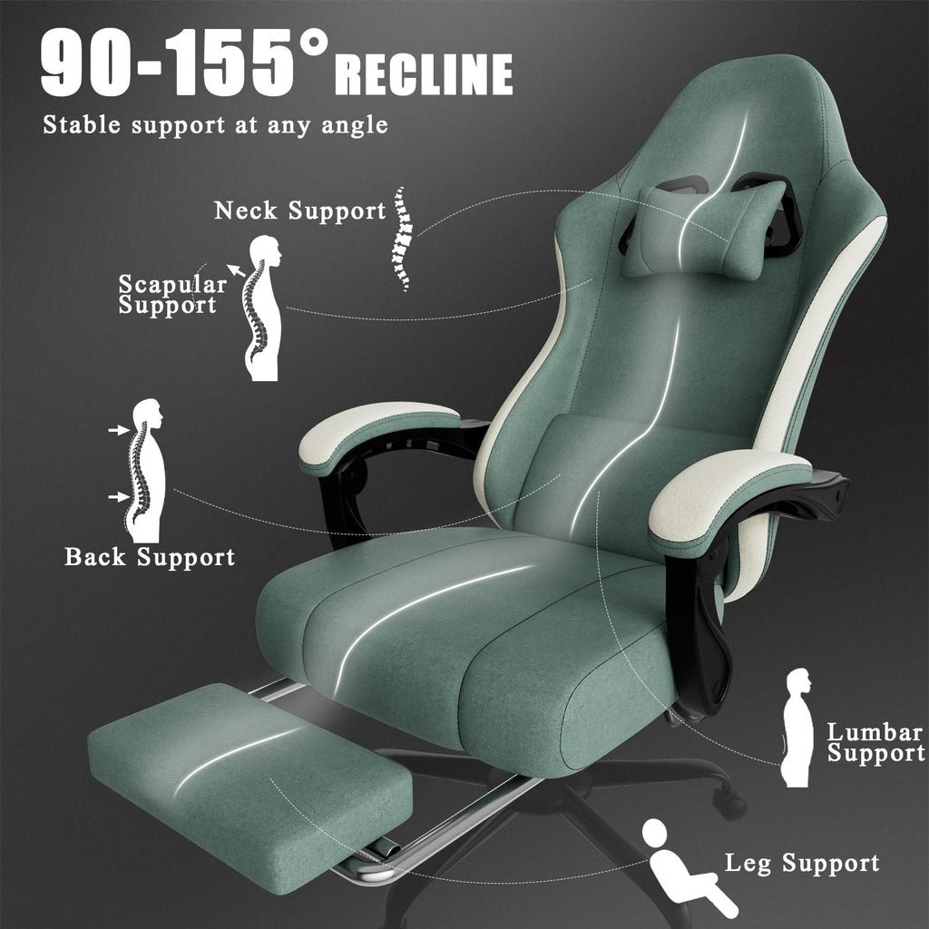 Ergonomic Gaming Chair with Pocketed Spring Cushion, Breathable Fabric Computer Chair with Footrest, Adjustable Lumbar Support Video Game Chair for Adults (Fabric)