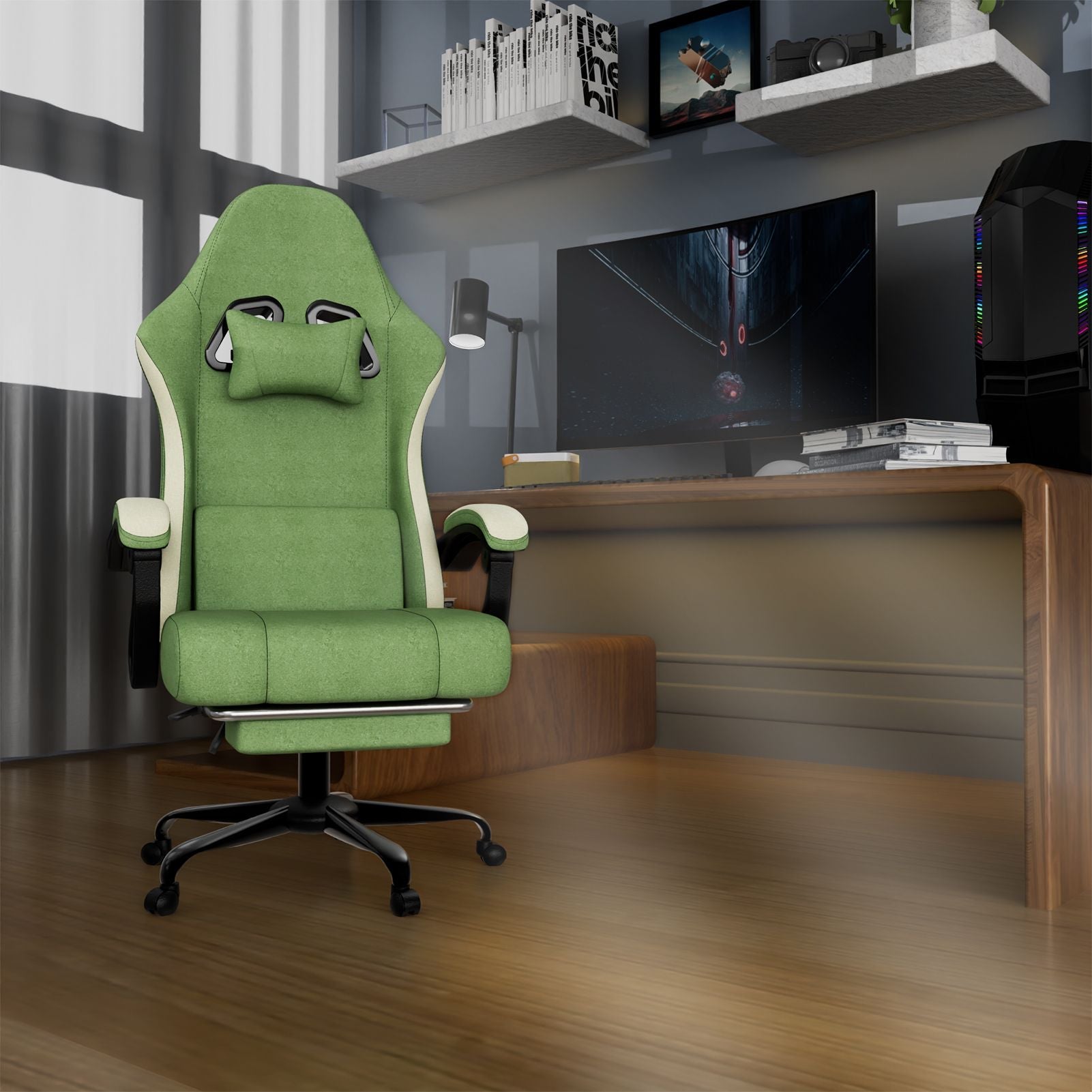Ergonomic Gaming Chair with Pocketed Spring Cushion, Breathable Fabric Computer Chair with Footrest, Adjustable Lumbar Support Video Game Chair for Adults (Fabric)