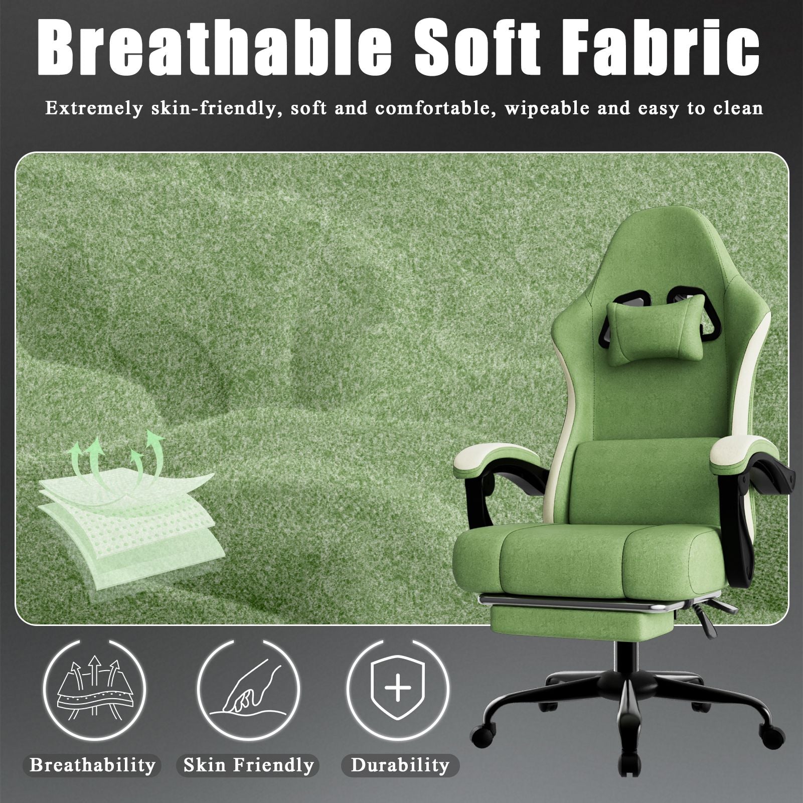 Ergonomic Gaming Chair with Pocketed Spring Cushion, Breathable Fabric Computer Chair with Footrest, Adjustable Lumbar Support Video Game Chair for Adults (Fabric)