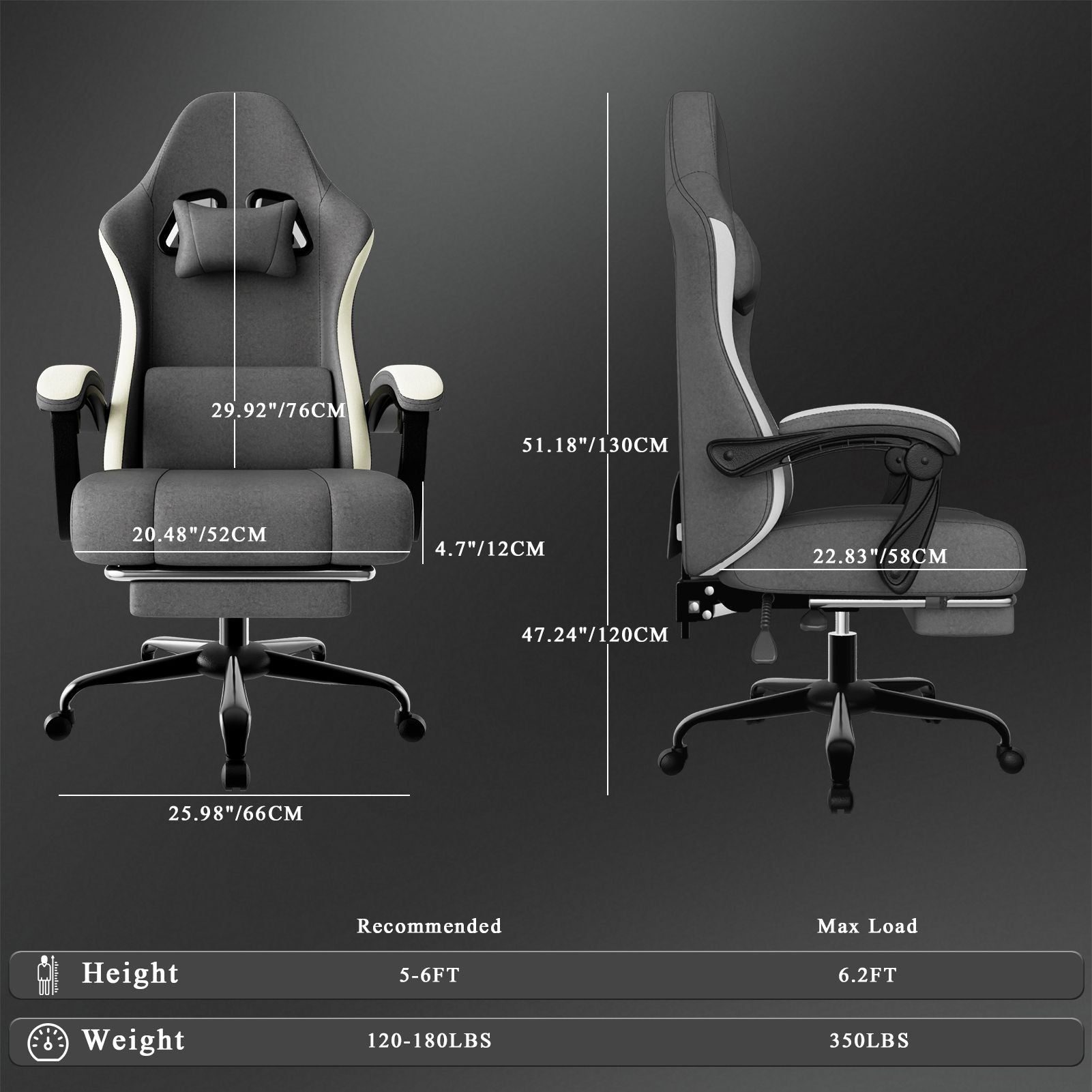Ergonomic Gaming Chair with Pocketed Spring Cushion, Breathable Fabric Computer Chair with Footrest, Adjustable Lumbar Support Video Game Chair for Adults (Fabric)