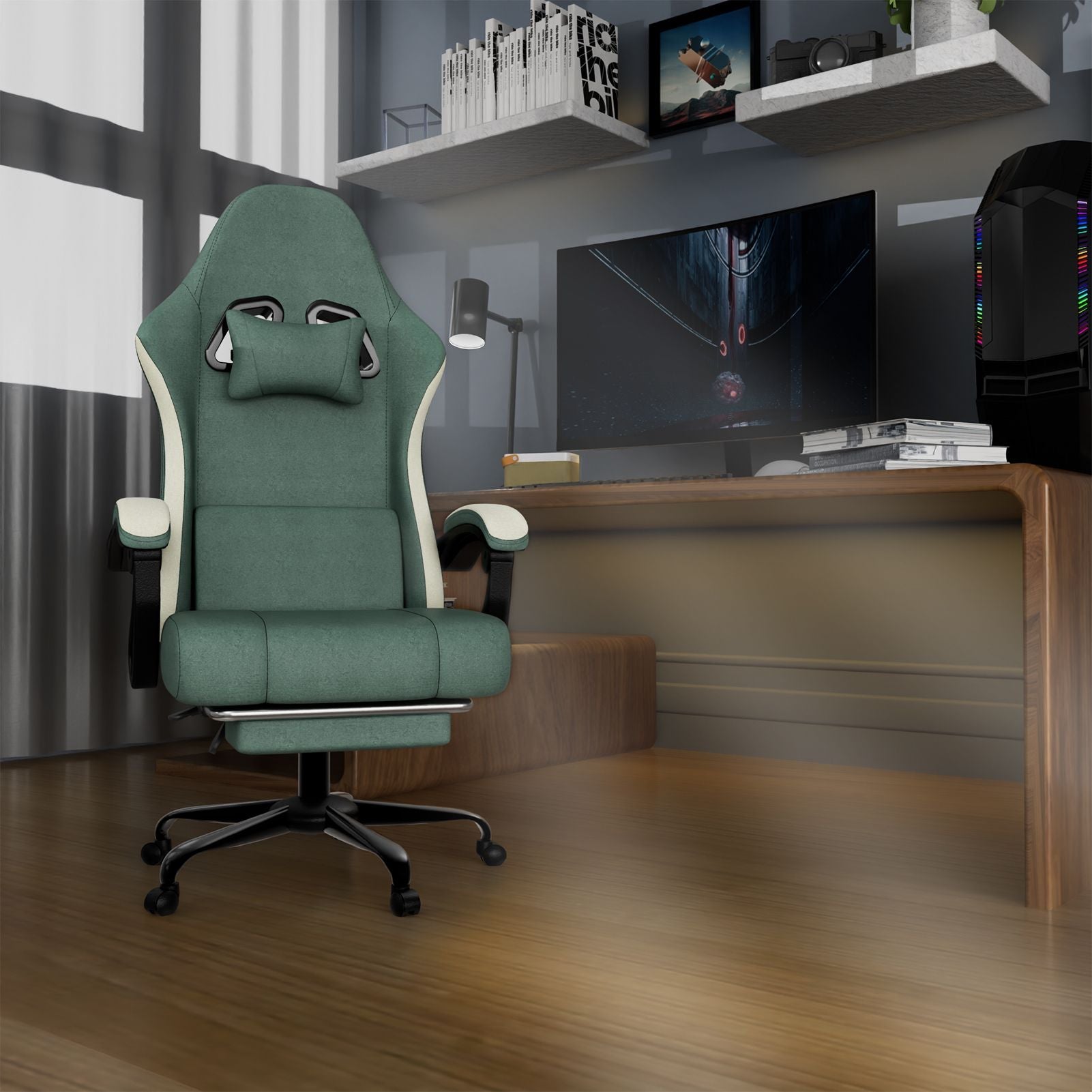 Ergonomic Gaming Chair with Pocketed Spring Cushion, Breathable Fabric Computer Chair with Footrest, Adjustable Lumbar Support Video Game Chair for Adults (Fabric)