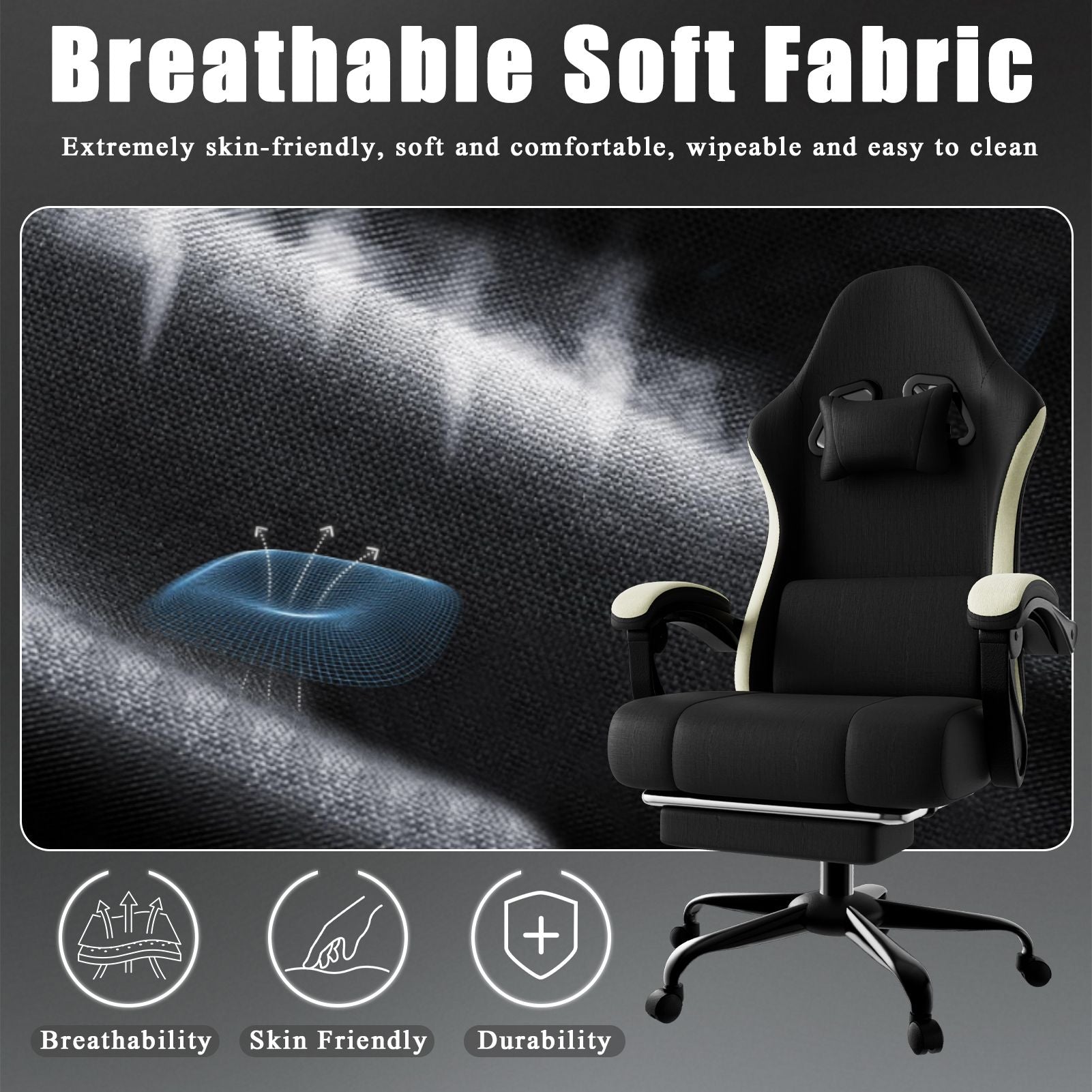 Ergonomic Gaming Chair with Pocketed Spring Cushion, Breathable Fabric Computer Chair with Footrest, Adjustable Lumbar Support Video Game Chair for Adults (Fabric)