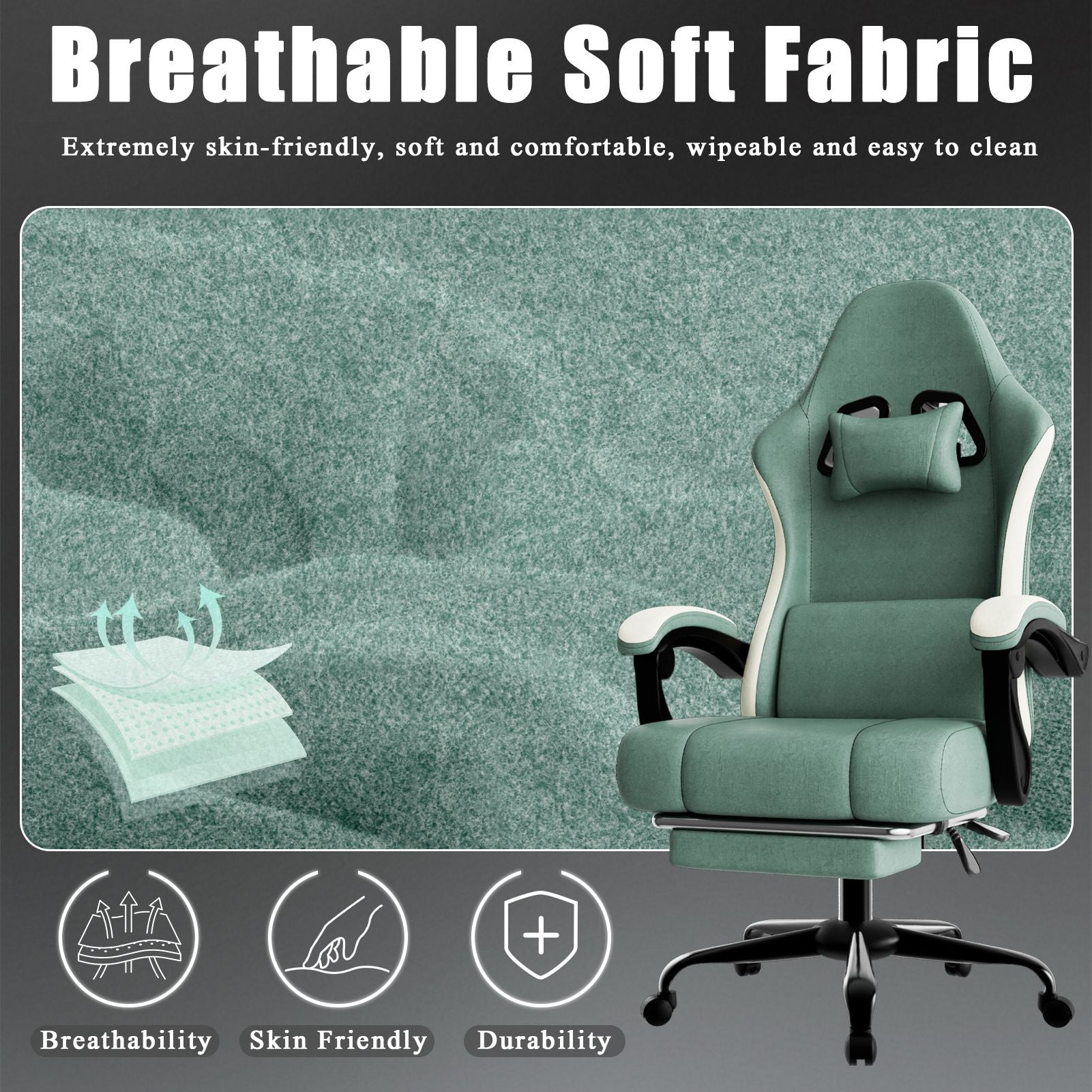 Ergonomic Gaming Chair with Pocketed Spring Cushion, Breathable Fabric Computer Chair with Footrest, Adjustable Lumbar Support Video Game Chair for Adults (Fabric)
