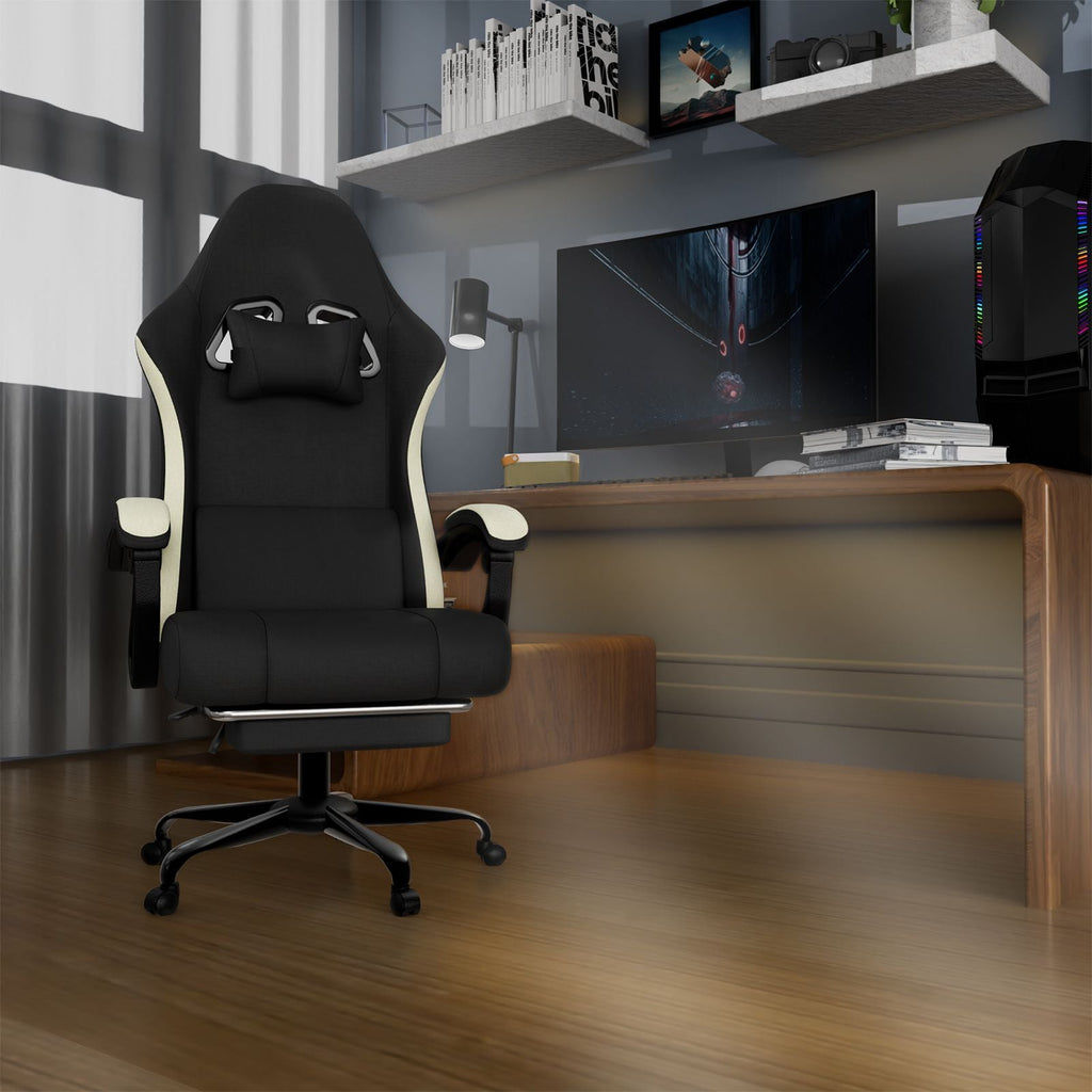 Ergonomic Gaming Chair with Pocketed Spring Cushion, Breathable Fabric Computer Chair with Footrest, Adjustable Lumbar Support Video Game Chair for Adults (Fabric)