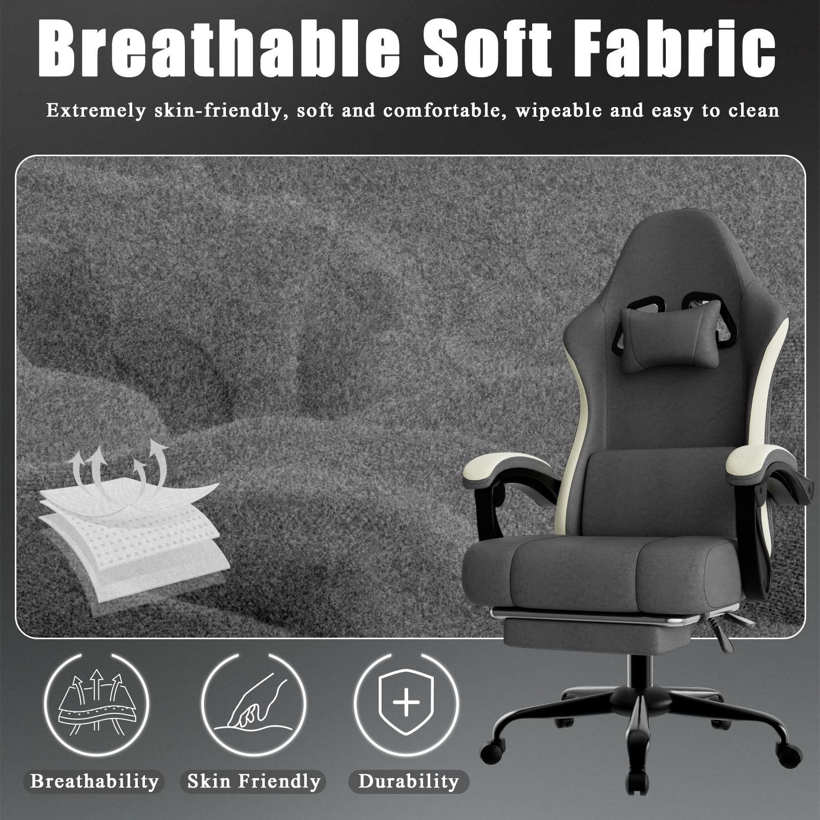 Ergonomic Gaming Chair with Pocketed Spring Cushion, Breathable Fabric Computer Chair with Footrest, Adjustable Lumbar Support Video Game Chair for Adults (Fabric)
