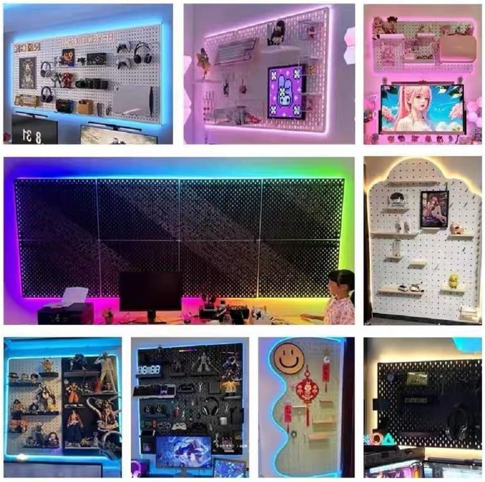 RGB Gaming Pegboard Wall Organizer with Metal Panels and Hooks, 12x24 Setup