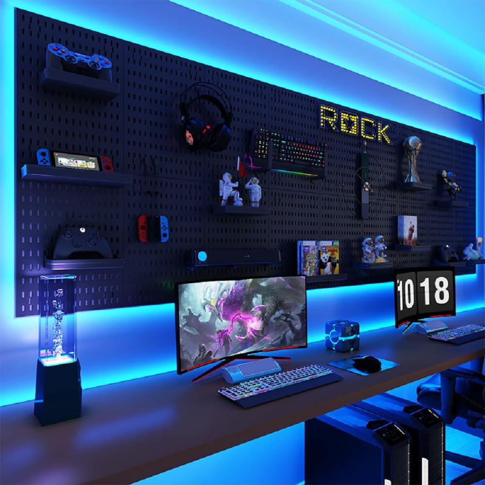 RGB Gaming Pegboard Wall Organizer with Metal Panels and Hooks, 12x24 Setup