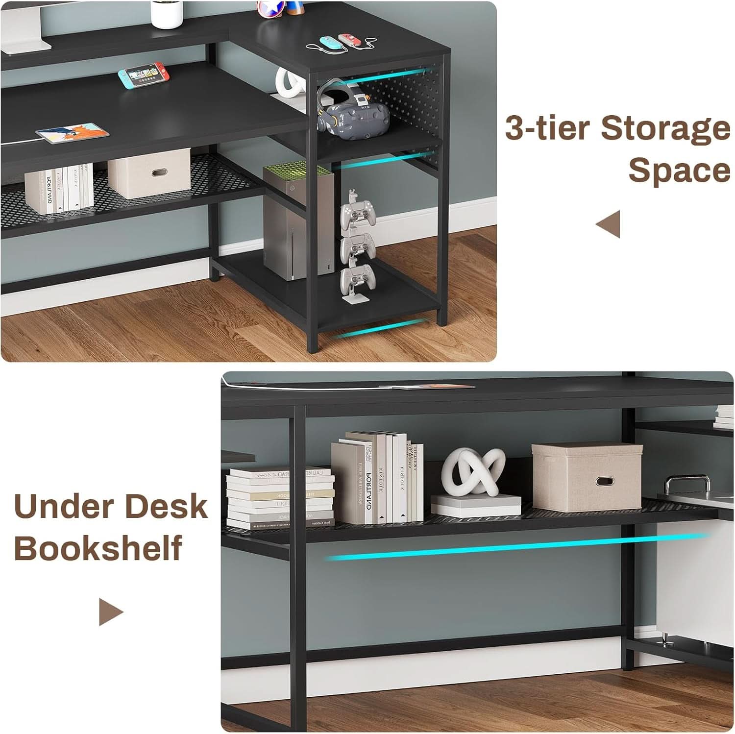 L Shaped Gaming Desk with LED Strip and Storage Shelves